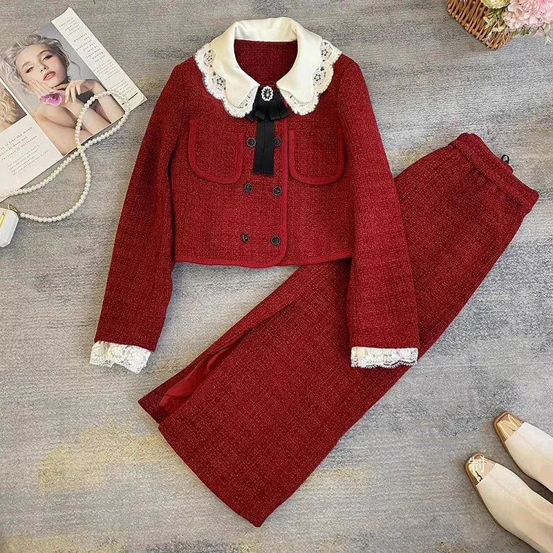 Toleet-Winter Outfits Christmas Black Friday Winter Autumn Two Piece Skirt Set Red Lace Double layered Collar Coat a Line Long Skirt Dress Set for Women