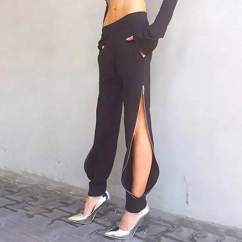 Trendy High Split Casual Black Pants