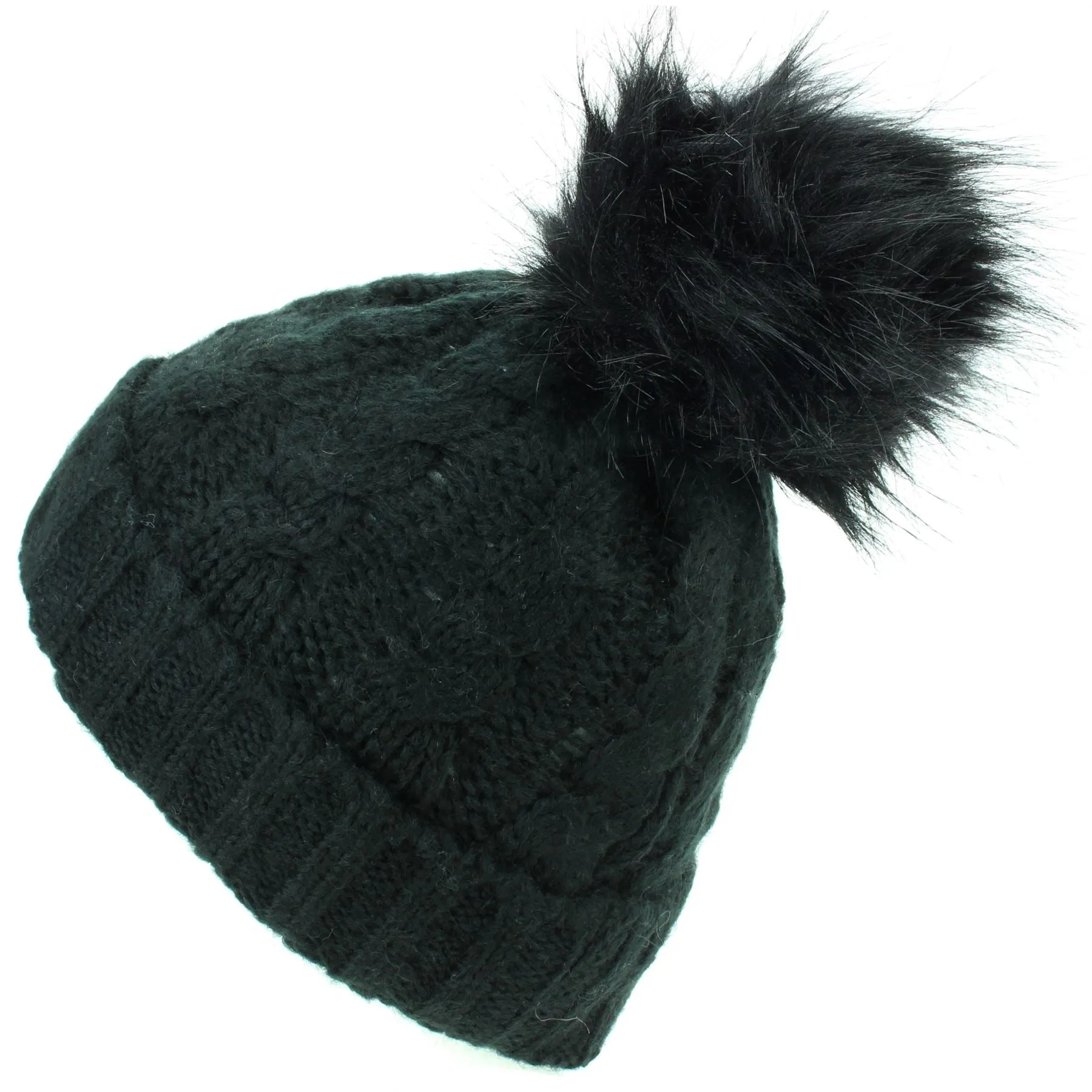 Twisted Rib Knitted Hat with Matching Colour Bobble - Black