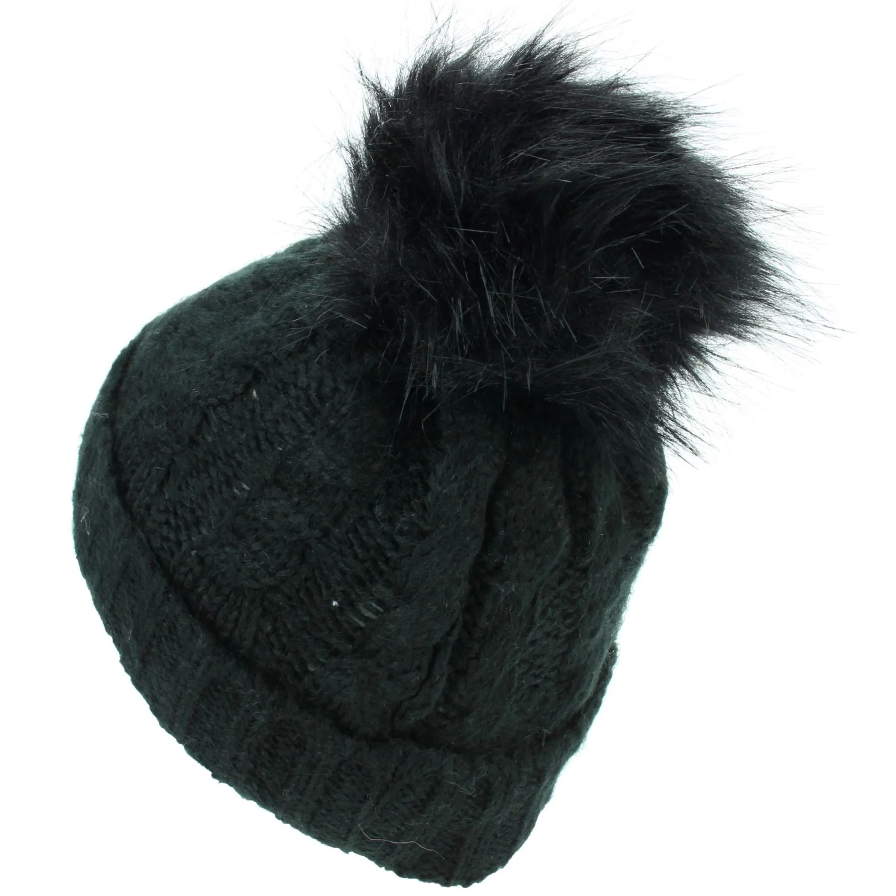 Twisted Rib Knitted Hat with Matching Colour Bobble - Black