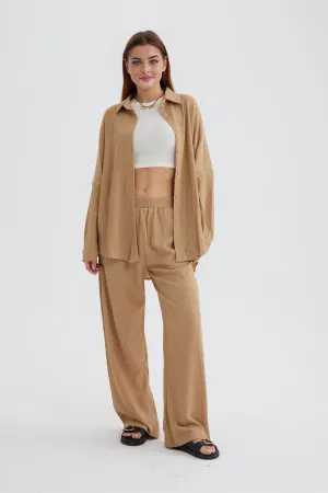 Two Piece Solid Color Long Sleeve Shirt Long Pants Set