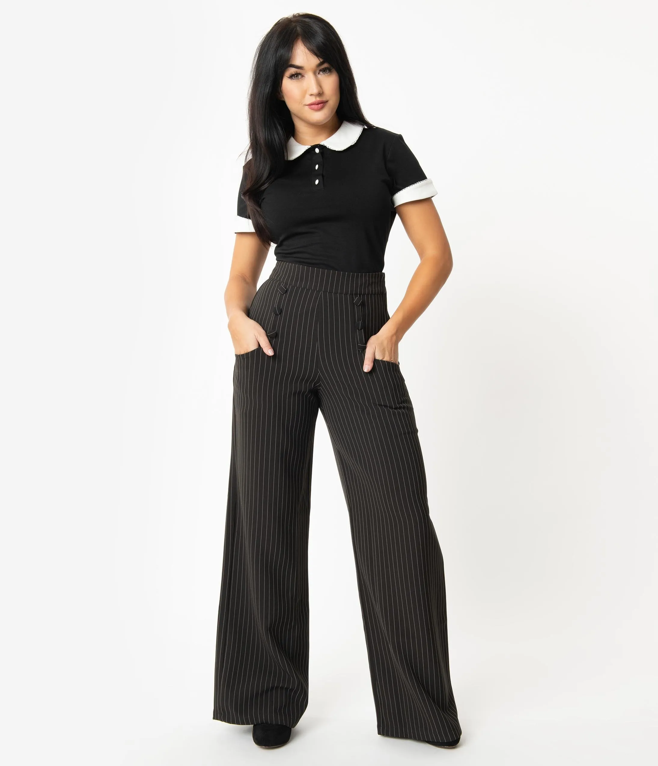 Unique Vintage 1940s Black Pin Stripe High Waist Ginger Pants