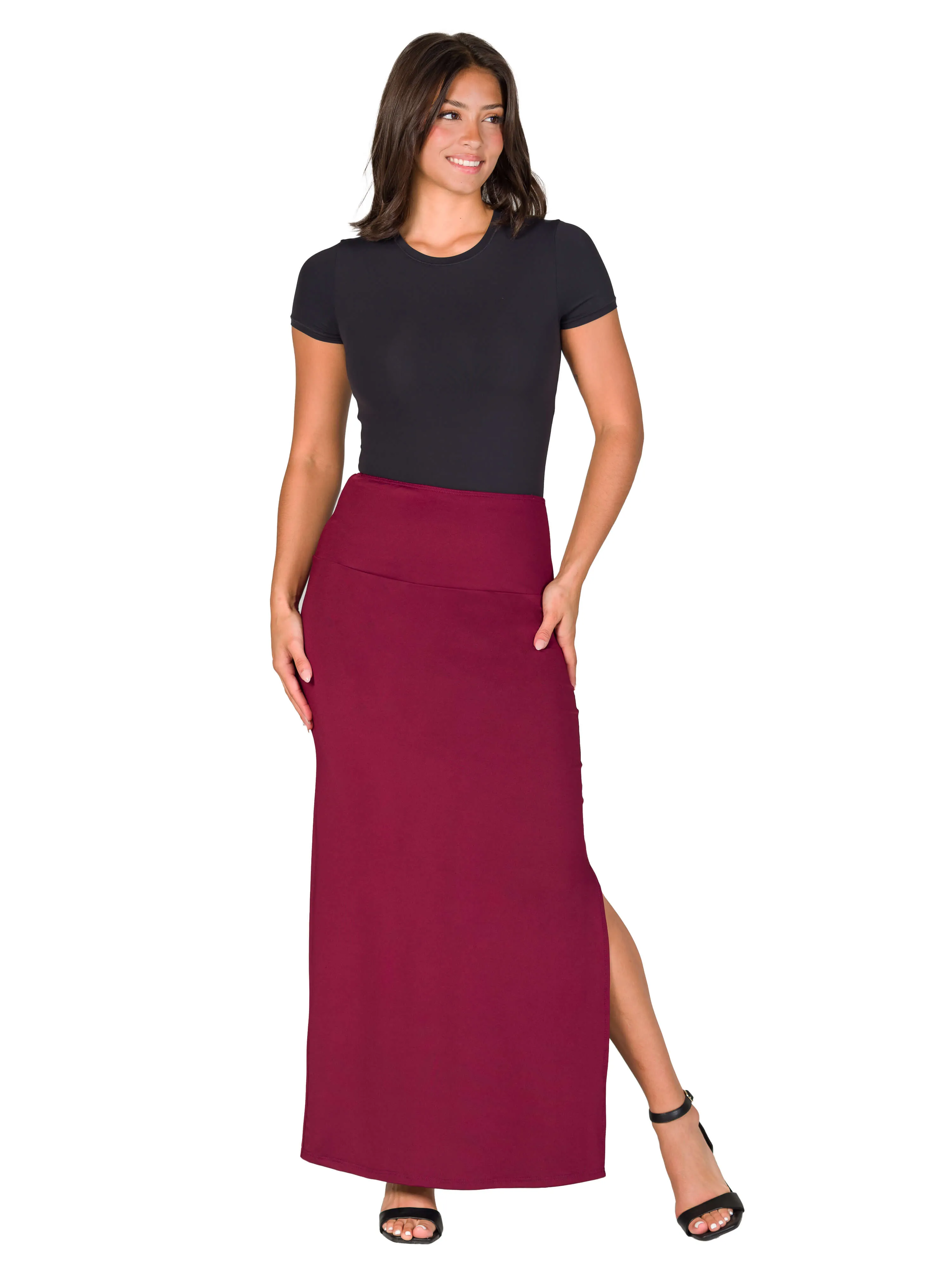 Versatile Side Slit Elastic Waist Maxi Skirt