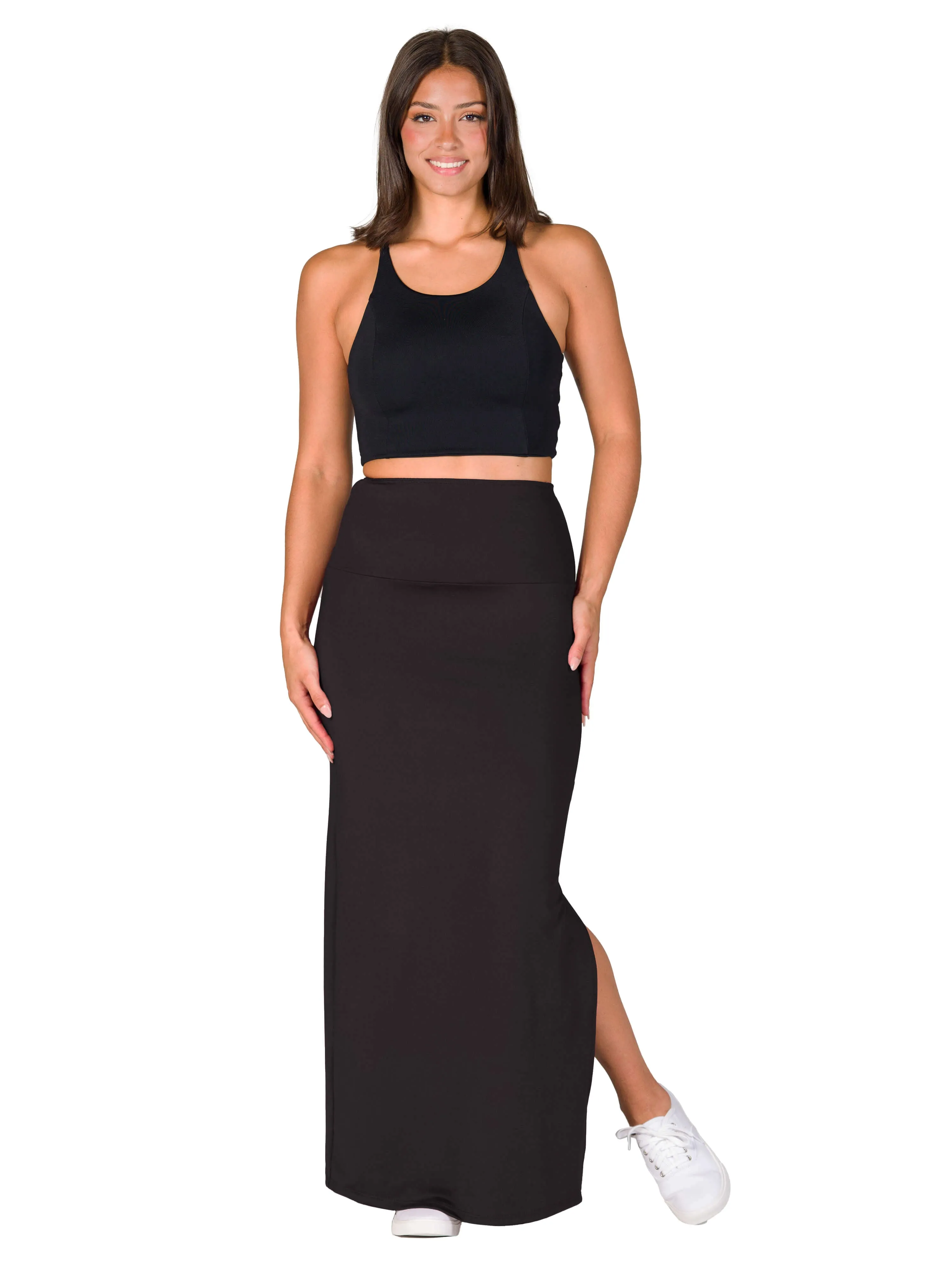 Versatile Side Slit Elastic Waist Maxi Skirt