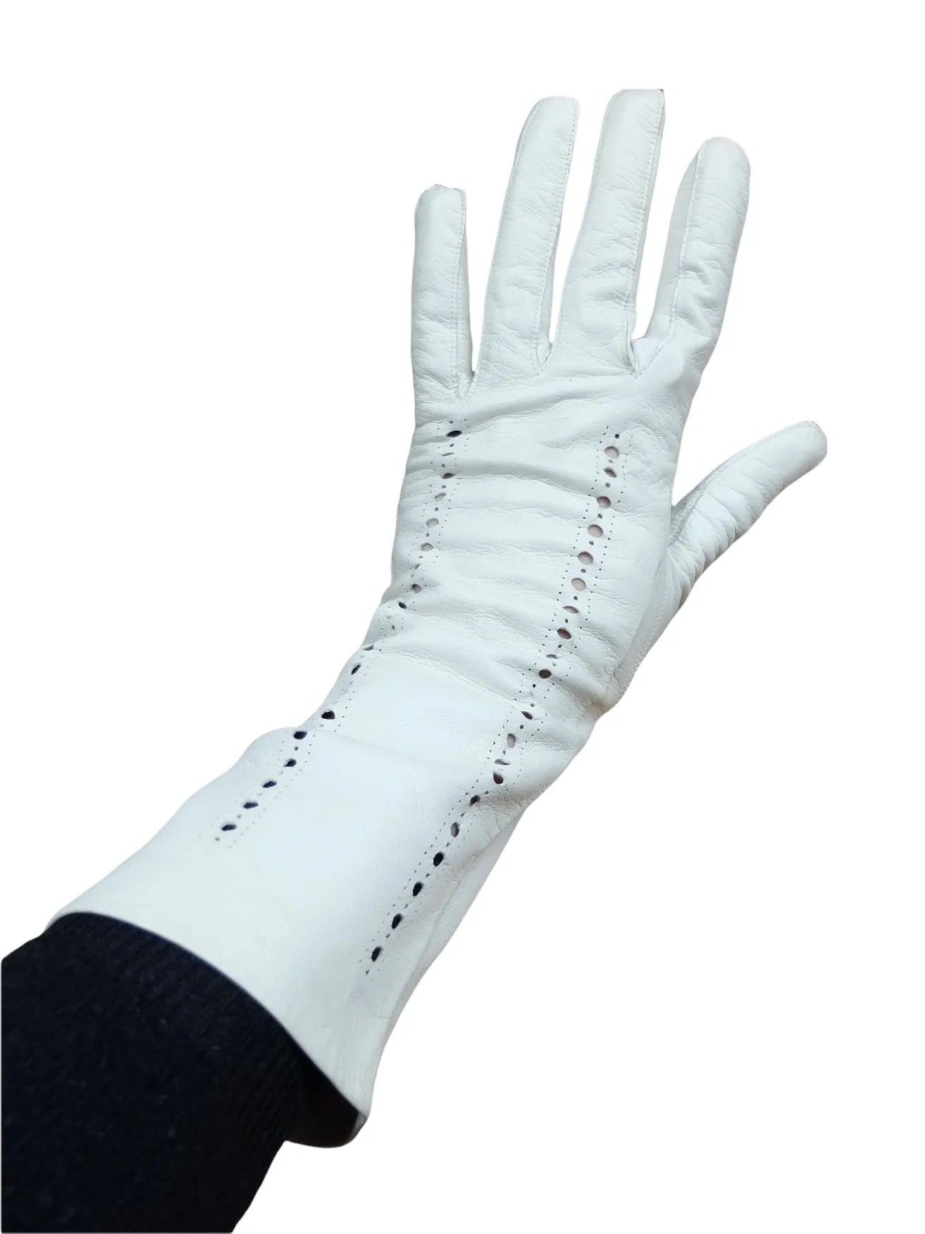 Vintage 60s Mod Space Age Hippie Chic White Genuine Leather Long Fitted Gloves with Cutout Detail