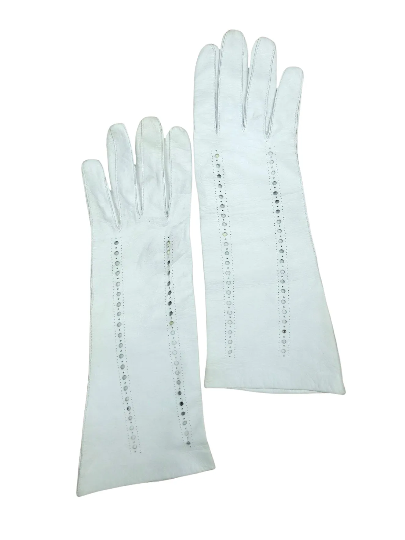 Vintage 60s Mod Space Age Hippie Chic White Genuine Leather Long Fitted Gloves with Cutout Detail