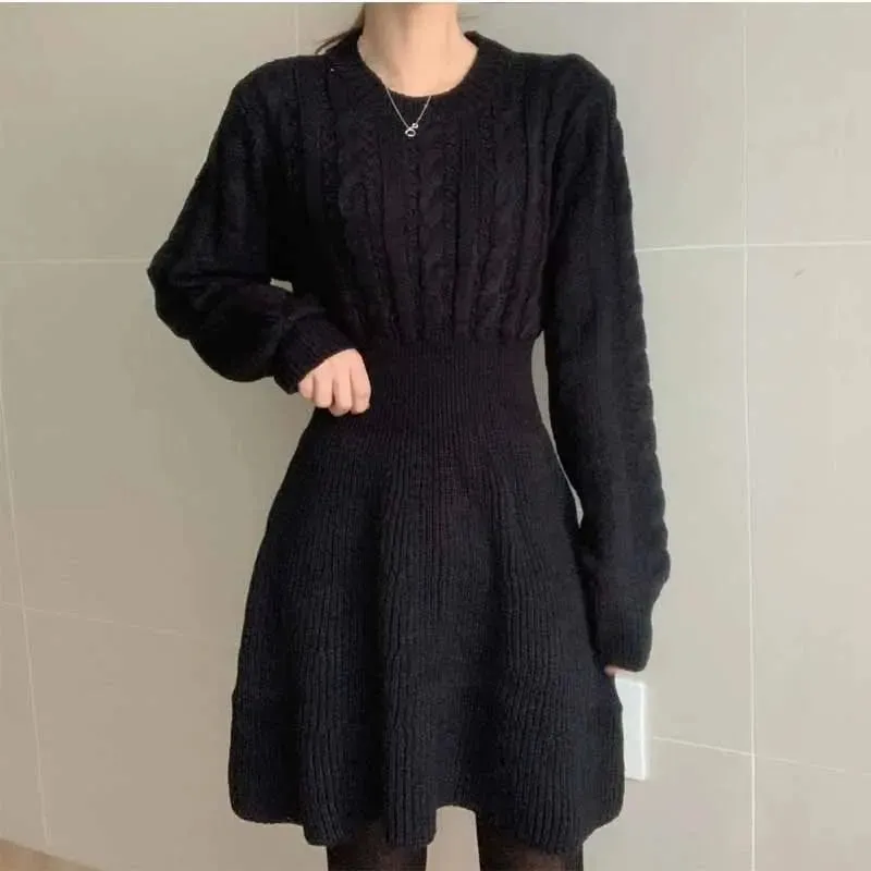 Vintage Knitted Sweater Dress Women Autumn Winter Warm Wrap Slim Short Mini Dresses Party Fashion New In