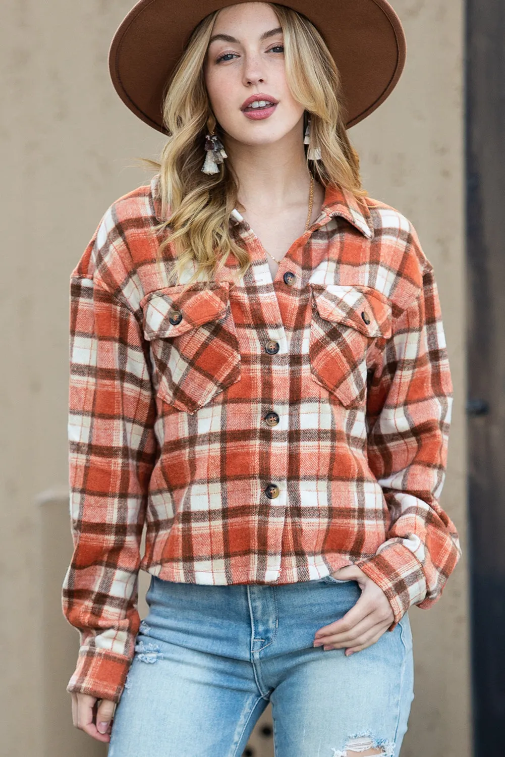 Wholesale Orange Plaid Button-Up Flap Pocket Cropped Jacket