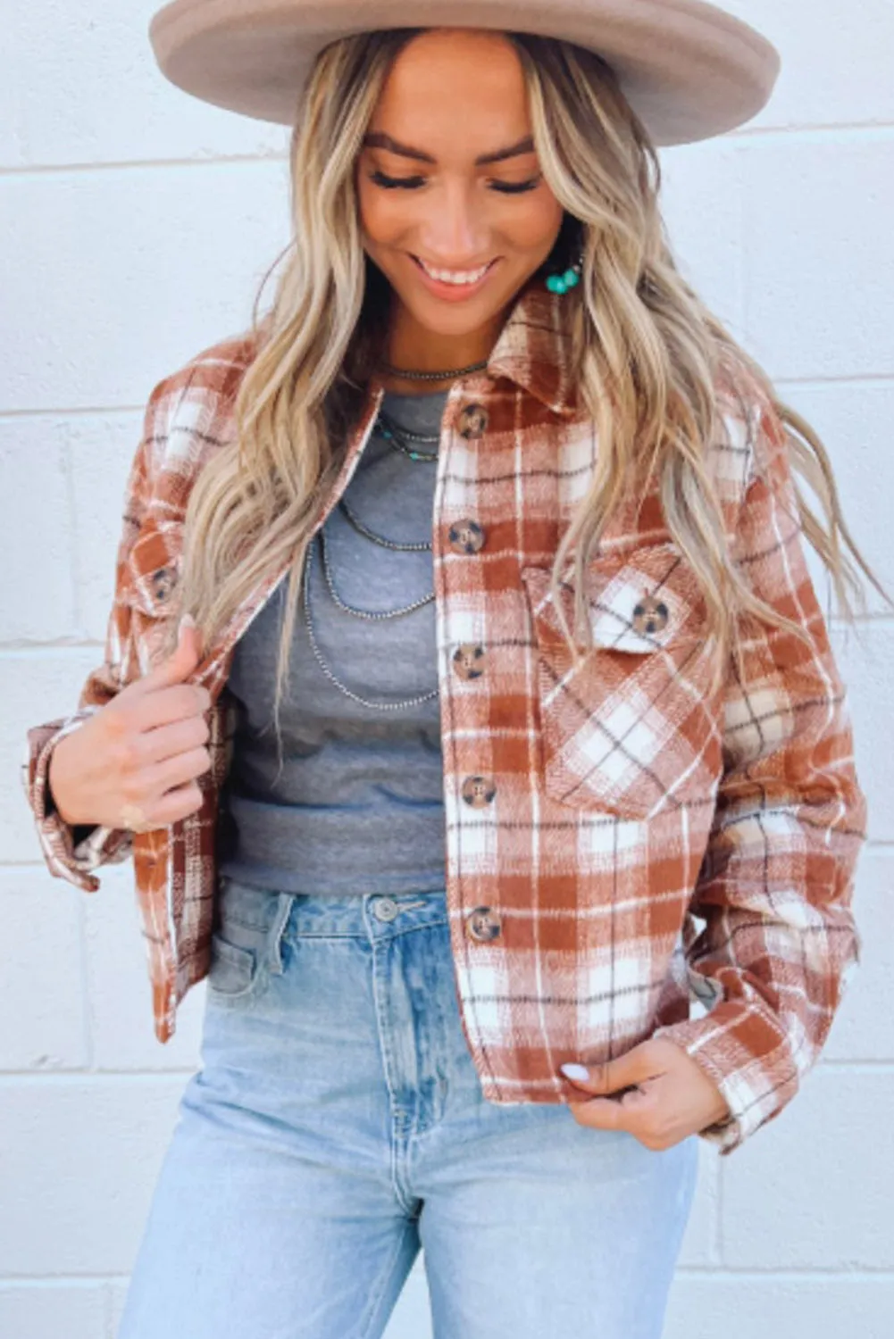 Wholesale Orange Plaid Button-Up Flap Pocket Cropped Jacket