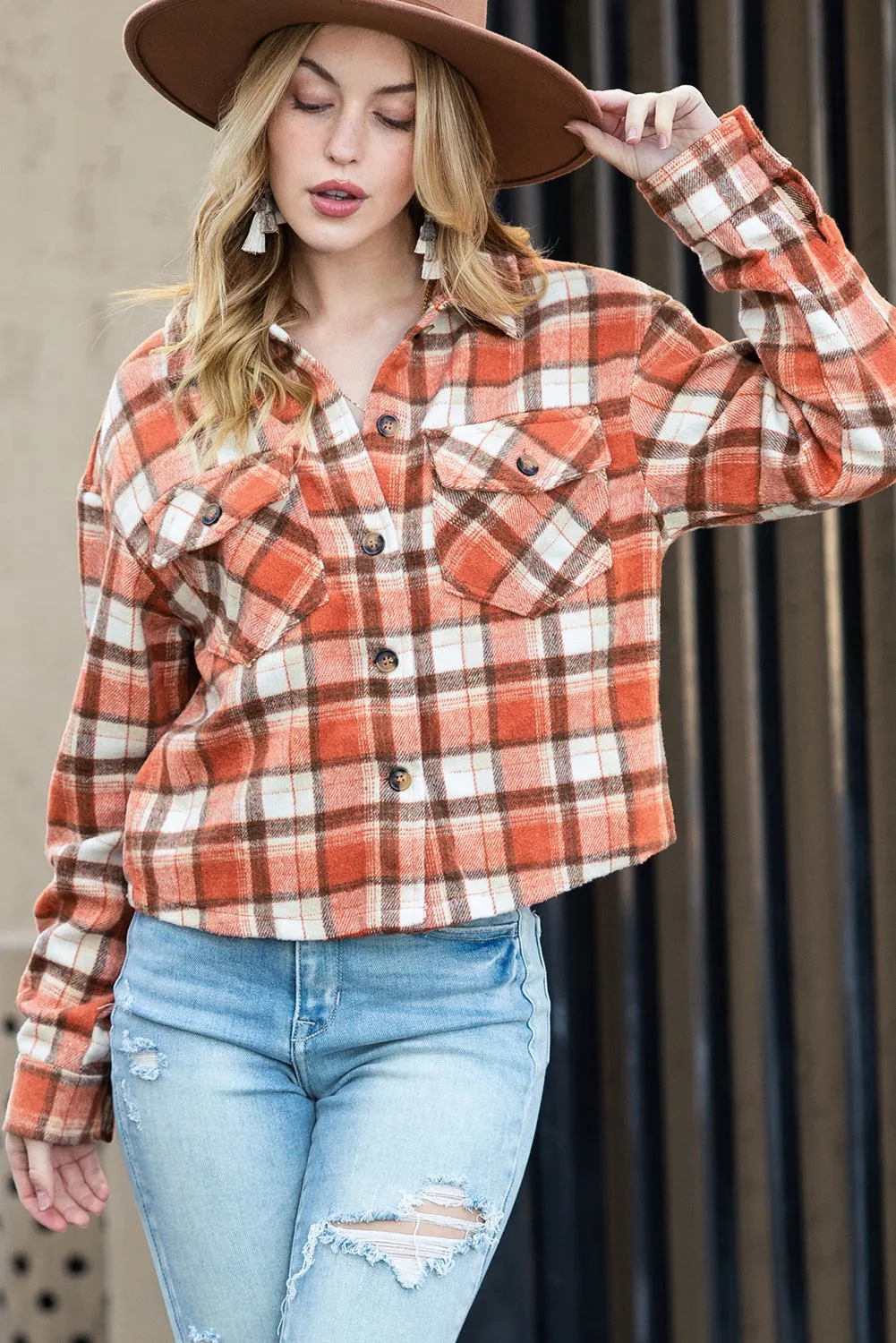 Wholesale Orange Plaid Button-Up Flap Pocket Cropped Jacket