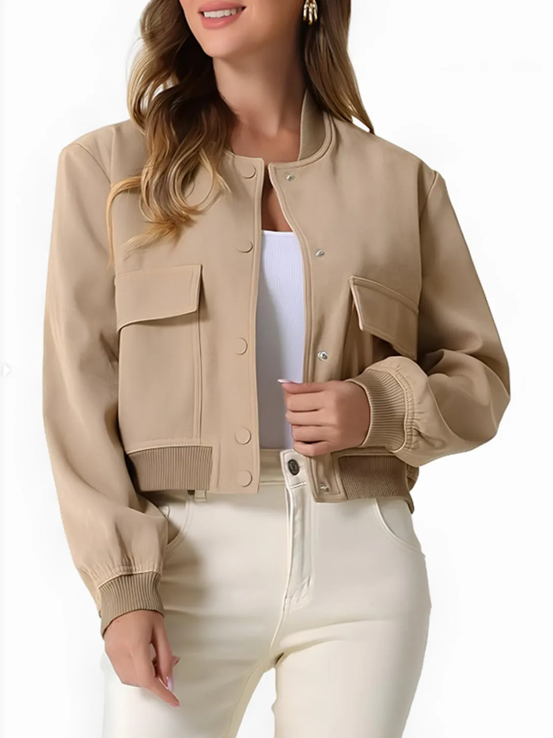 Women Baseball Cropped Jacket Pocketed Solid Snap Collared Long Sleeve