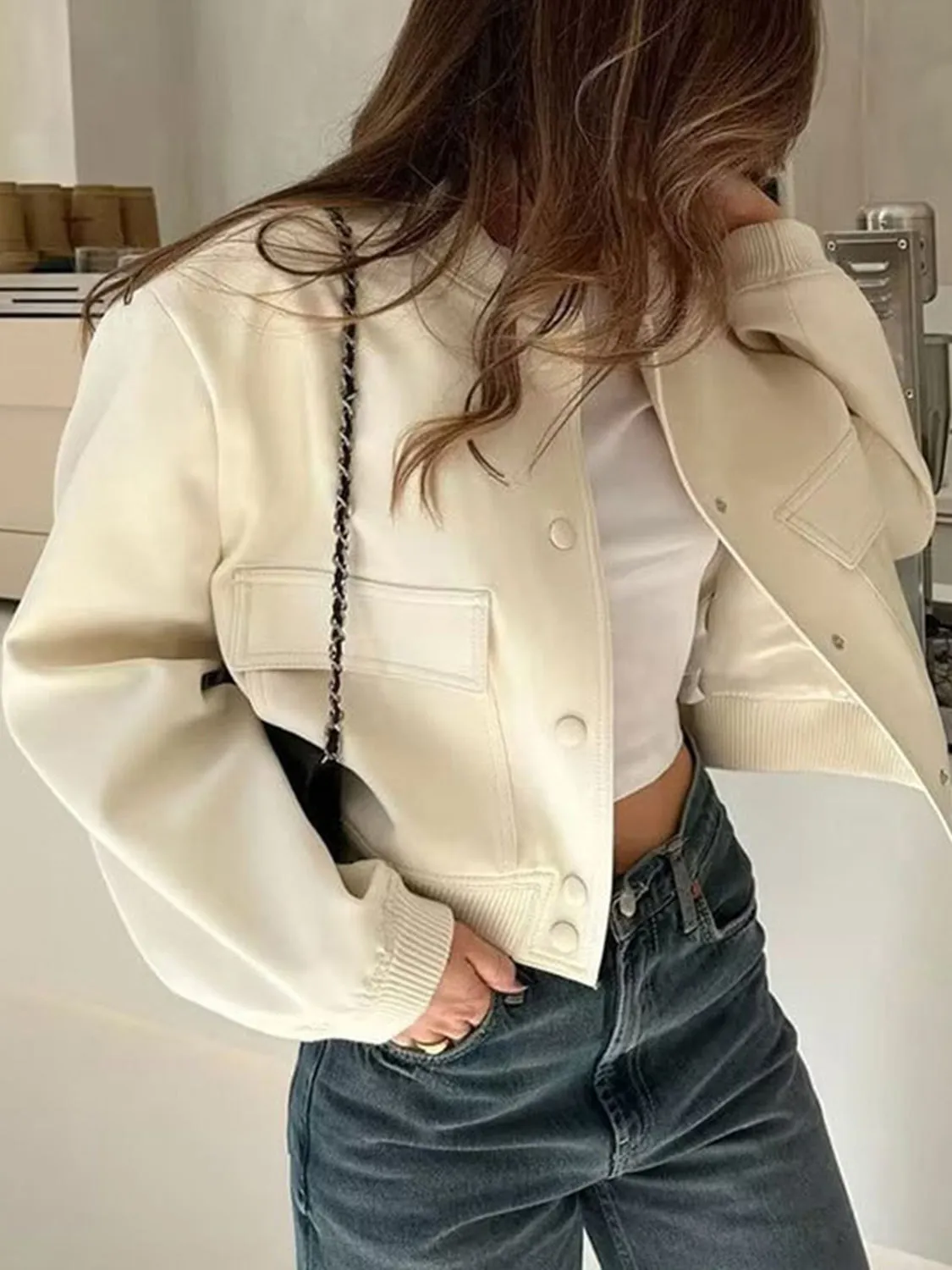 Women Baseball Cropped Jacket Pocketed Solid Snap Collared Long Sleeve