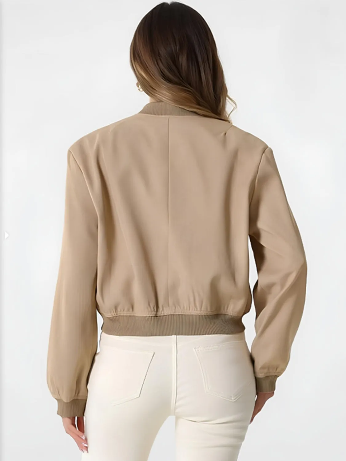 Women Baseball Cropped Jacket Pocketed Solid Snap Collared Long Sleeve