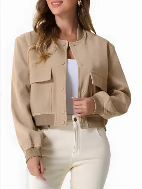 Women Baseball Cropped Jacket Pocketed Solid Snap Collared Long Sleeve