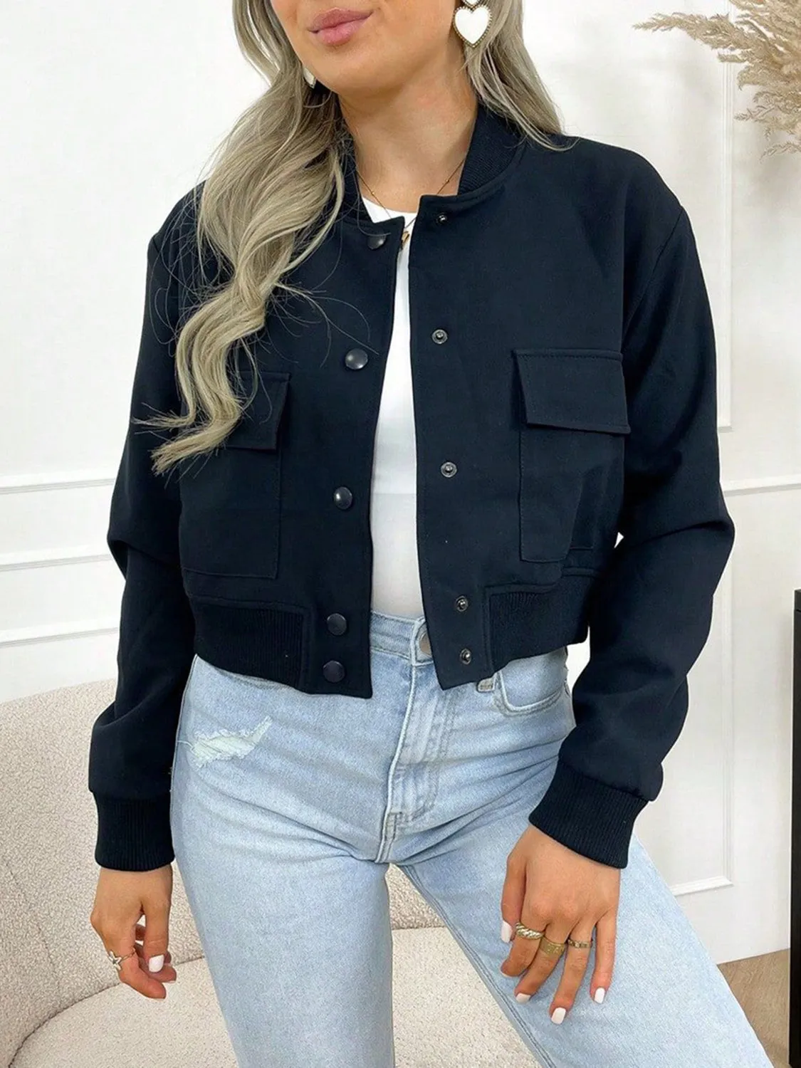 Women Baseball Cropped Jacket Pocketed Solid Snap Collared Long Sleeve