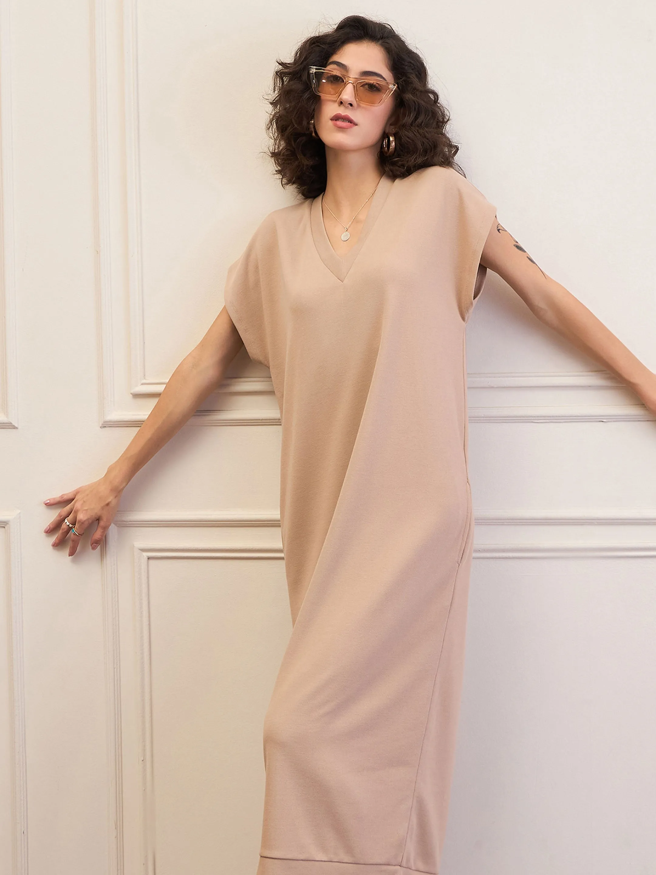 Women Beige V-Neck Sweater Dress