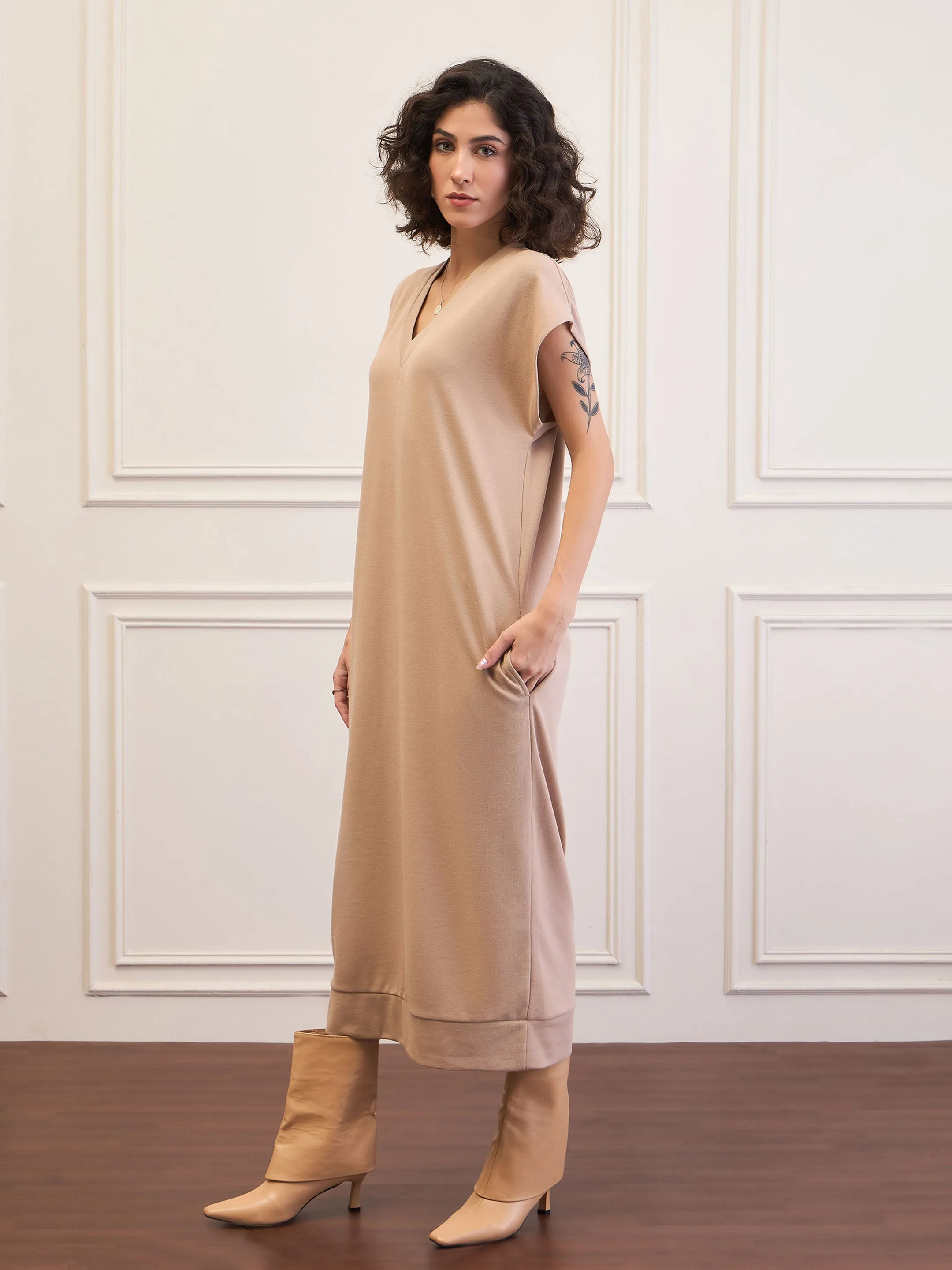 Women Beige V-Neck Sweater Dress