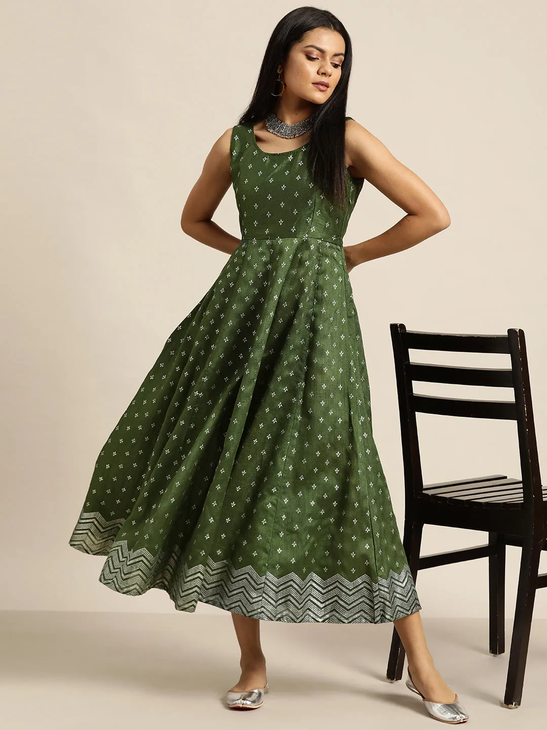 Women Dark Green Silver Foil Print Anarkali Maxi Dress