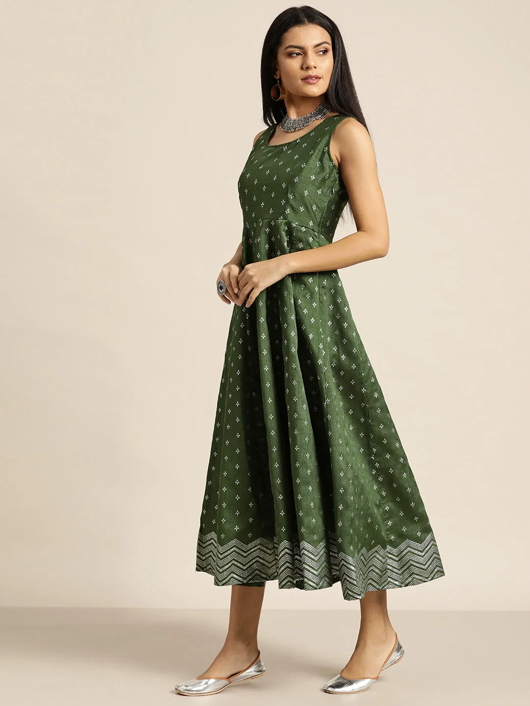 Women Dark Green Silver Foil Print Anarkali Maxi Dress