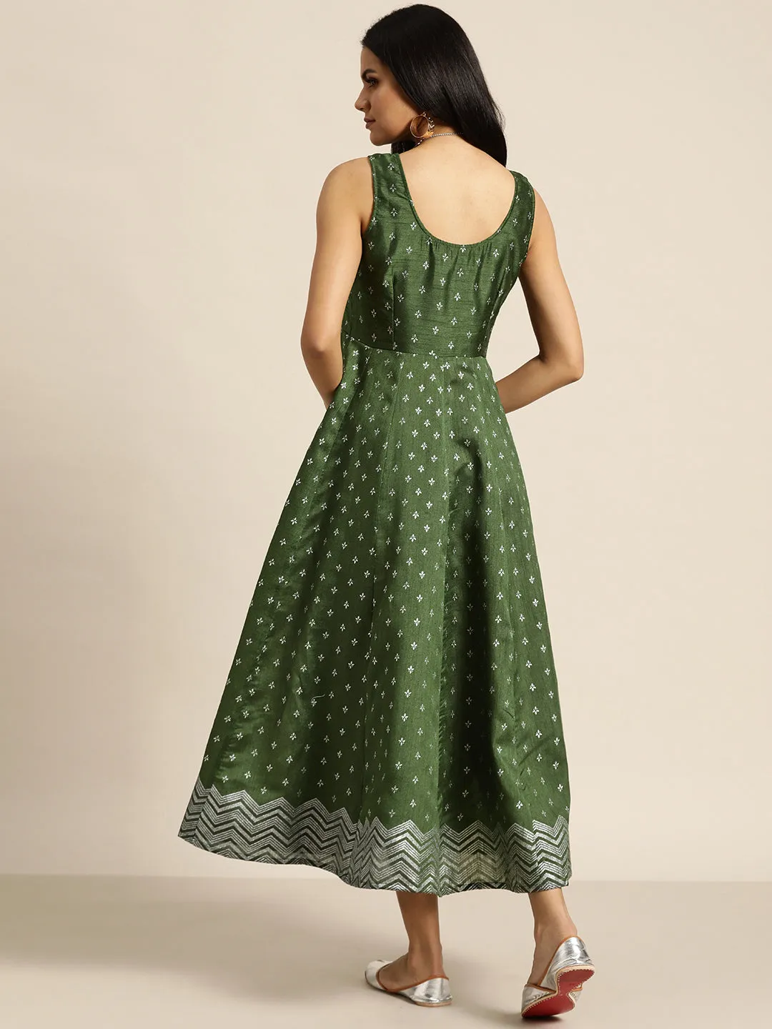 Women Dark Green Silver Foil Print Anarkali Maxi Dress