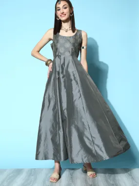 Women Grey Brocade Jacquard Sleeveless Anarkali Dress