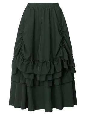 Women Medieval Retro Steampunk Gothic Renaissance Ruffle Layered Pleated Long Bustle Skirt