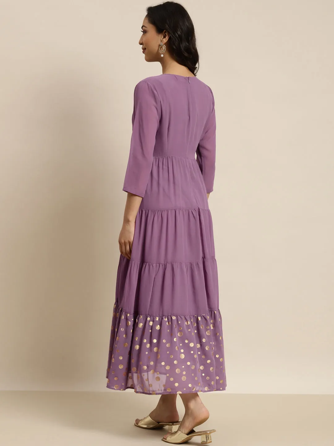 Women Purple Foil Print Tiered Maxi Dress