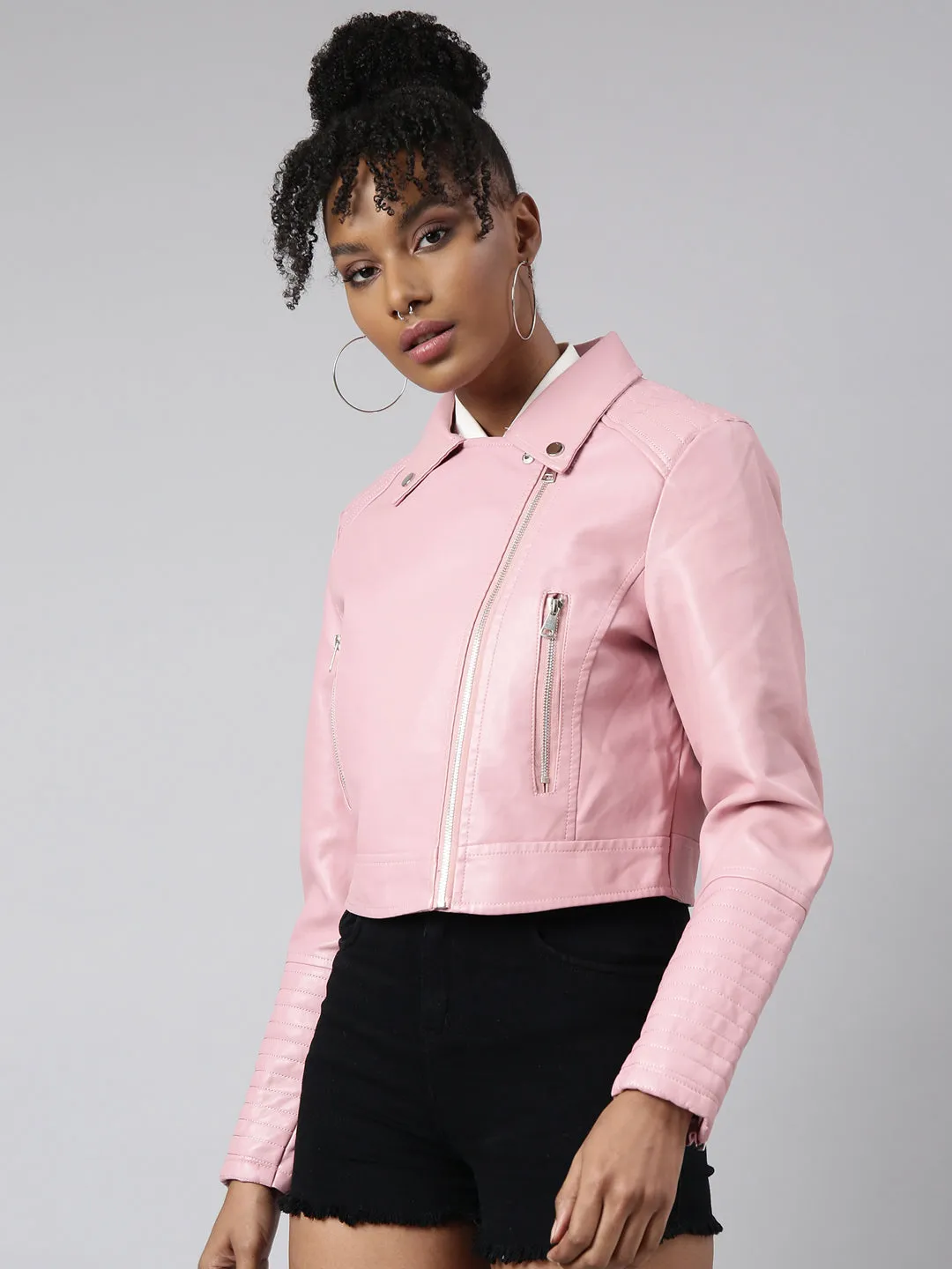 Women Solid Crop Pink Biker Jacket