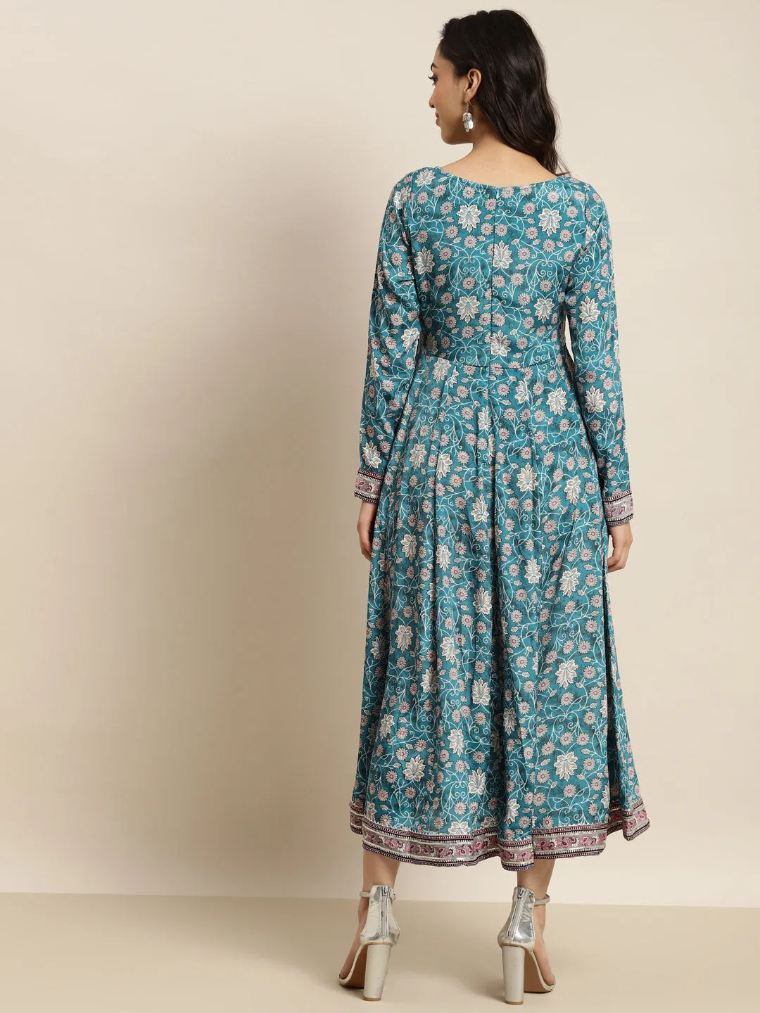 Women Teal Floral Anarkali Dress