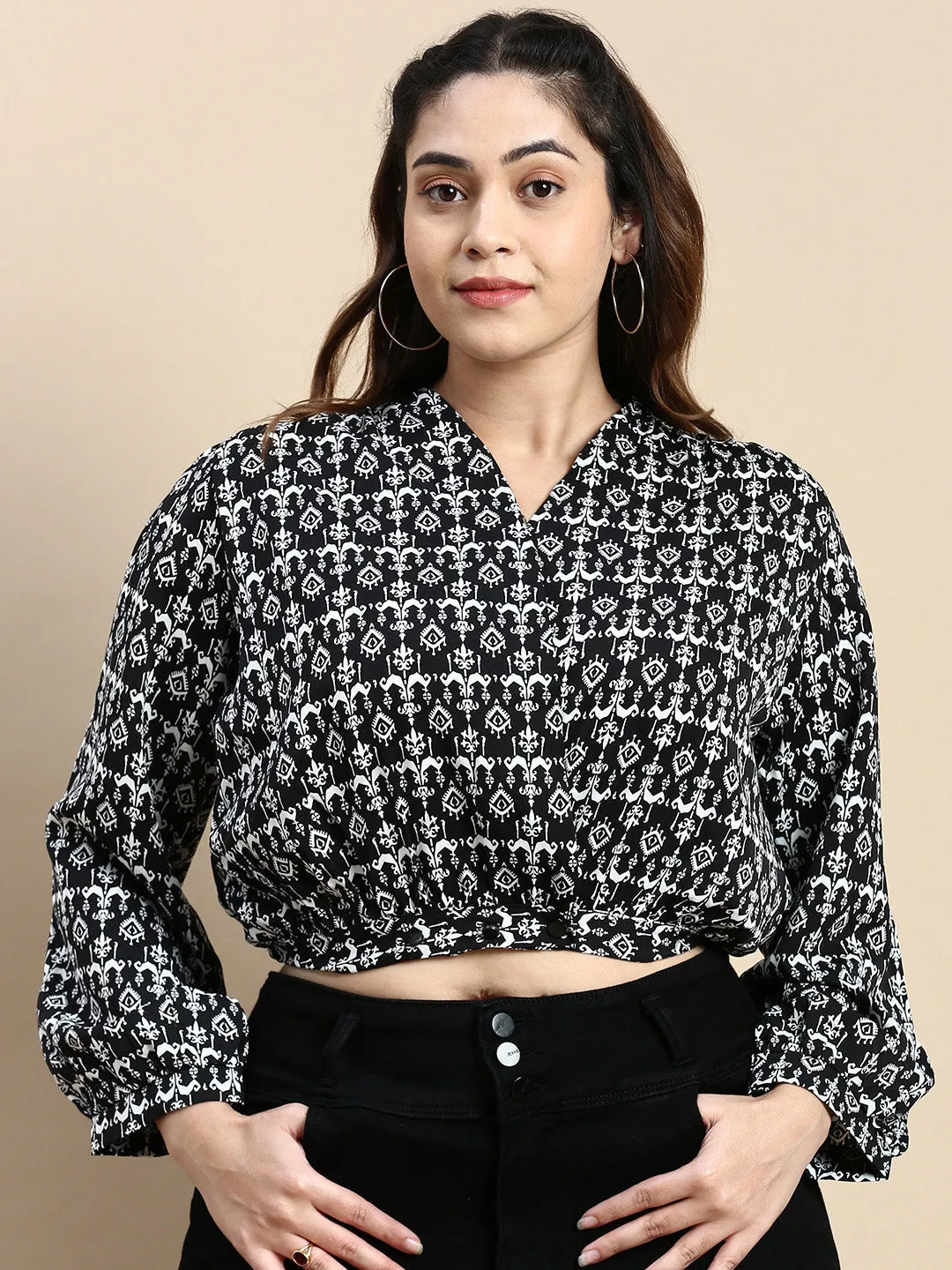 Women Tribal Black Crop Top