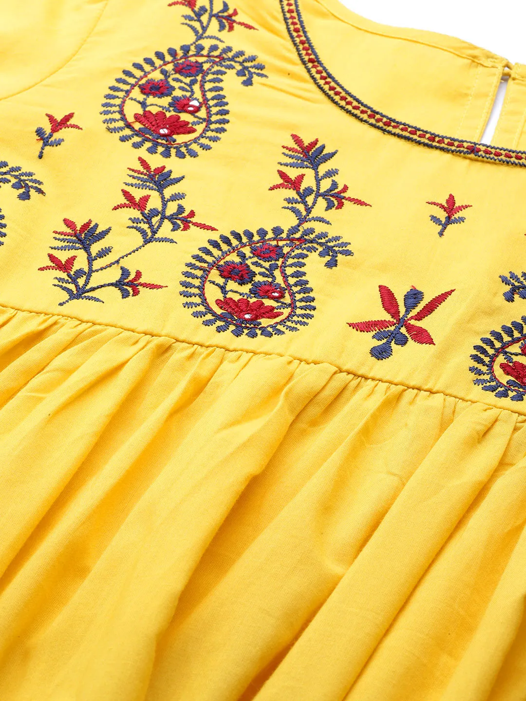 Women Yellow Paisely Embroidered Gathered Dress