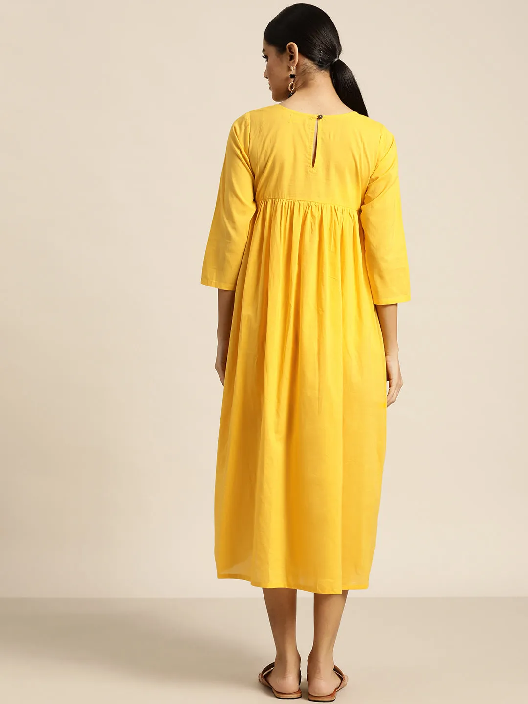 Women Yellow Paisely Embroidered Gathered Dress