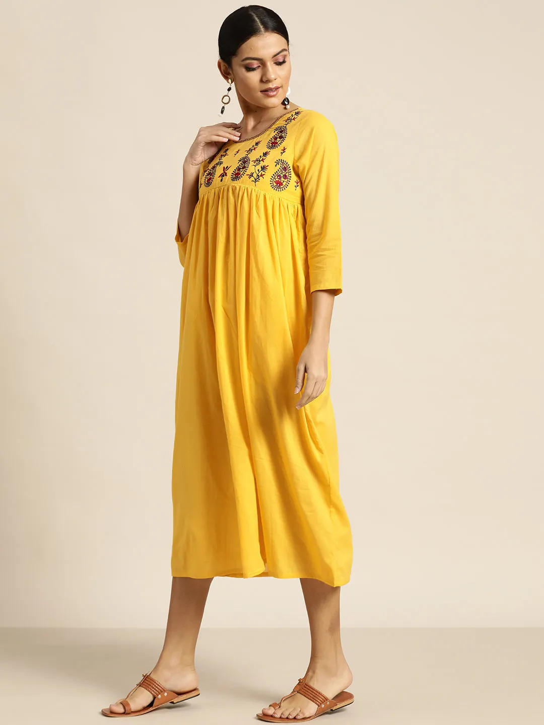 Women Yellow Paisely Embroidered Gathered Dress