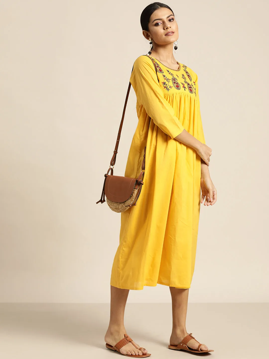 Women Yellow Paisely Embroidered Gathered Dress