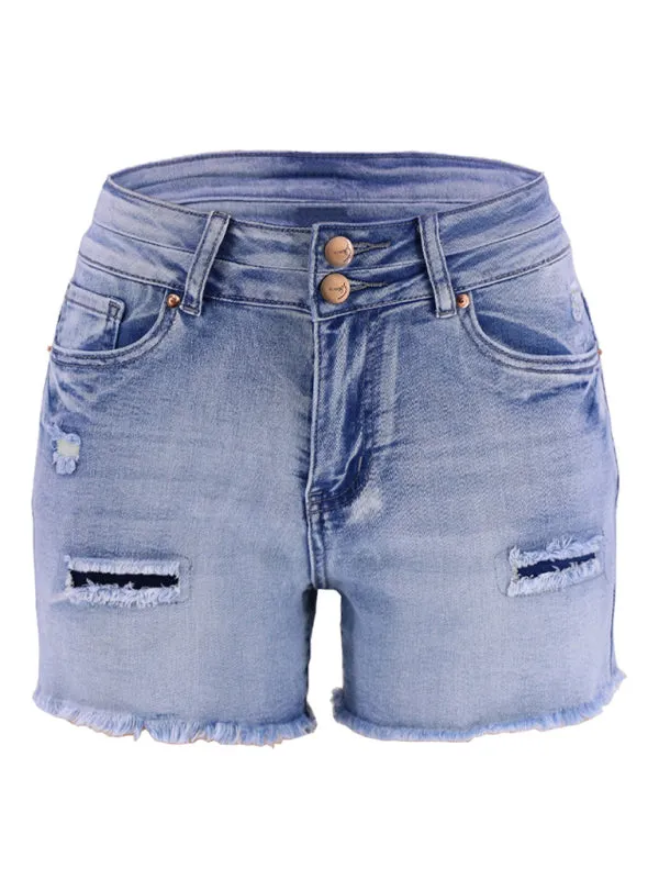 Women's High Waist Two Button Fashion Ripped Denim Shorts