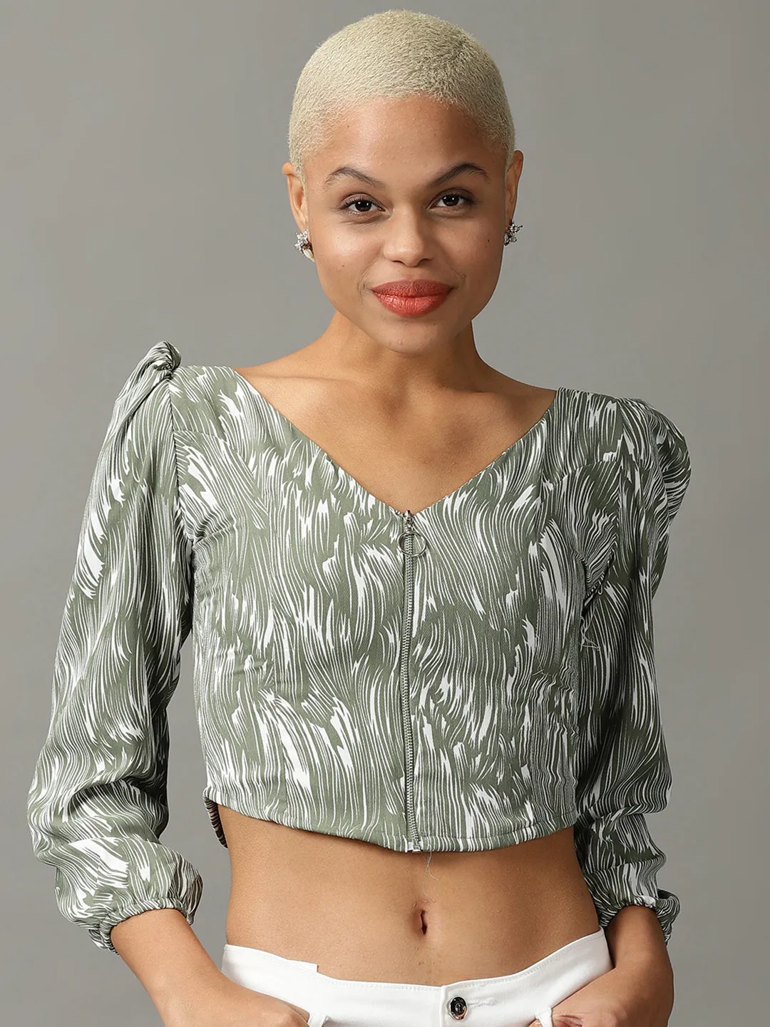 Women's Olive Printed Crop Top