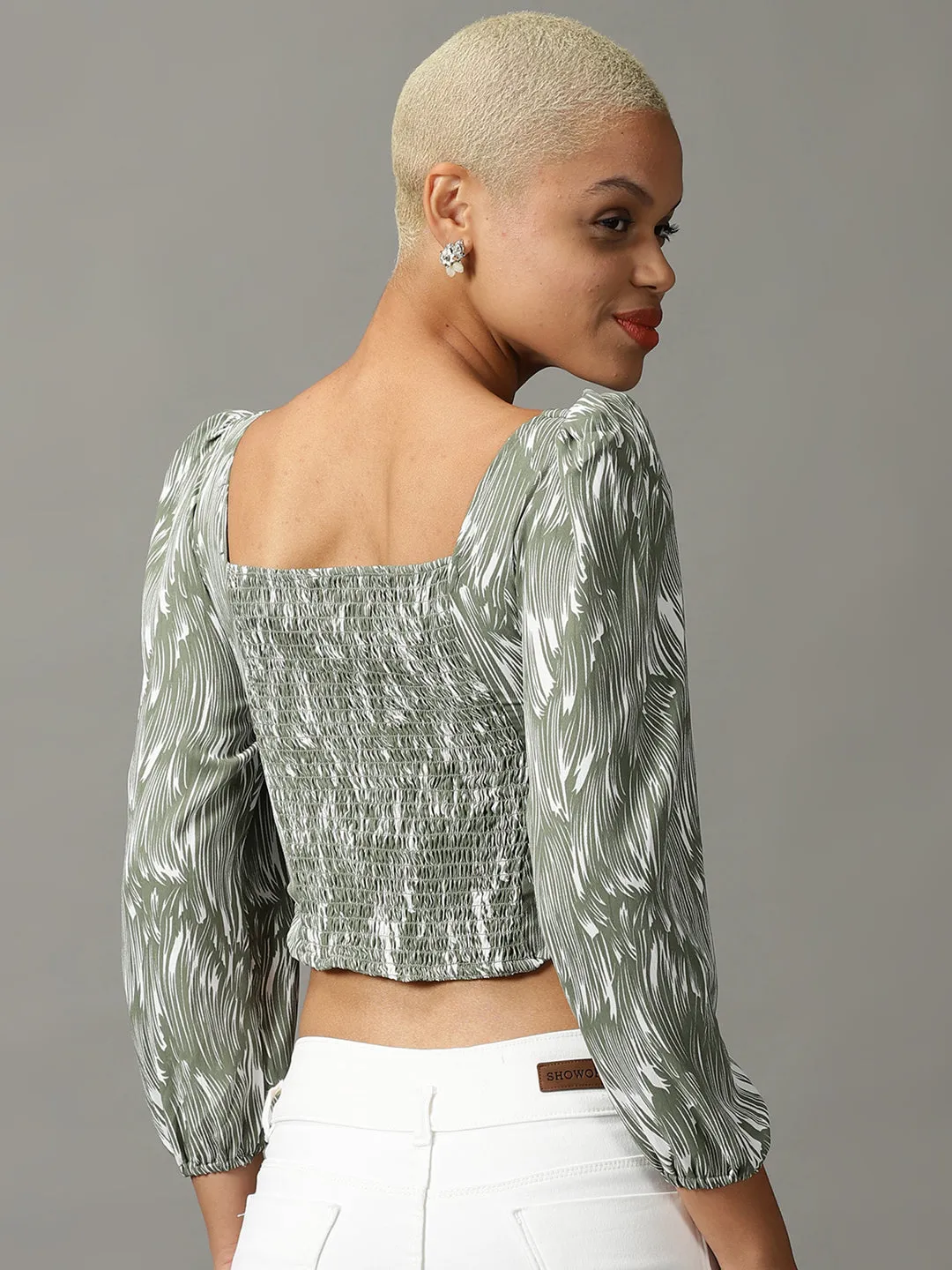 Women's Olive Printed Crop Top