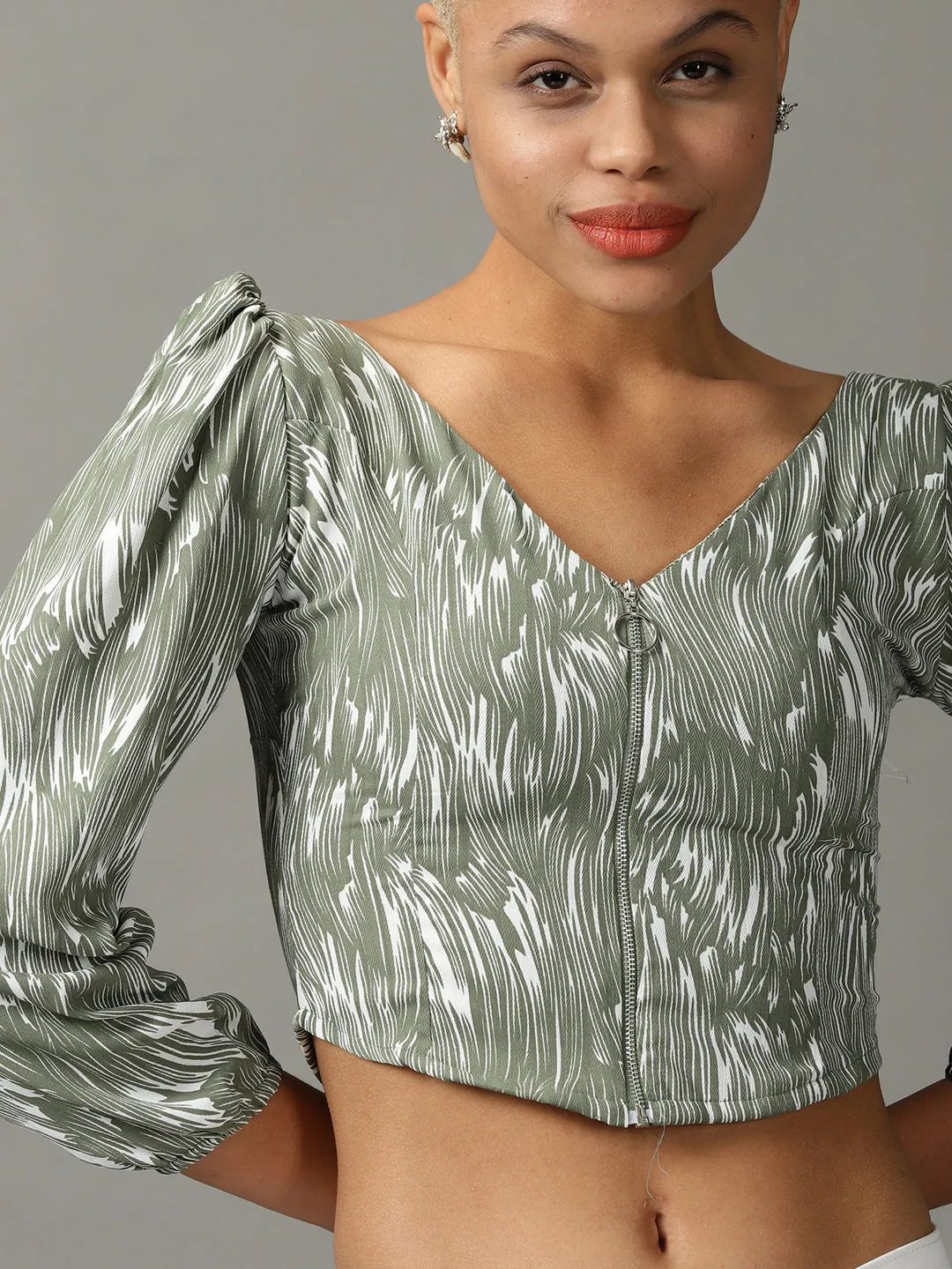 Women's Olive Printed Crop Top