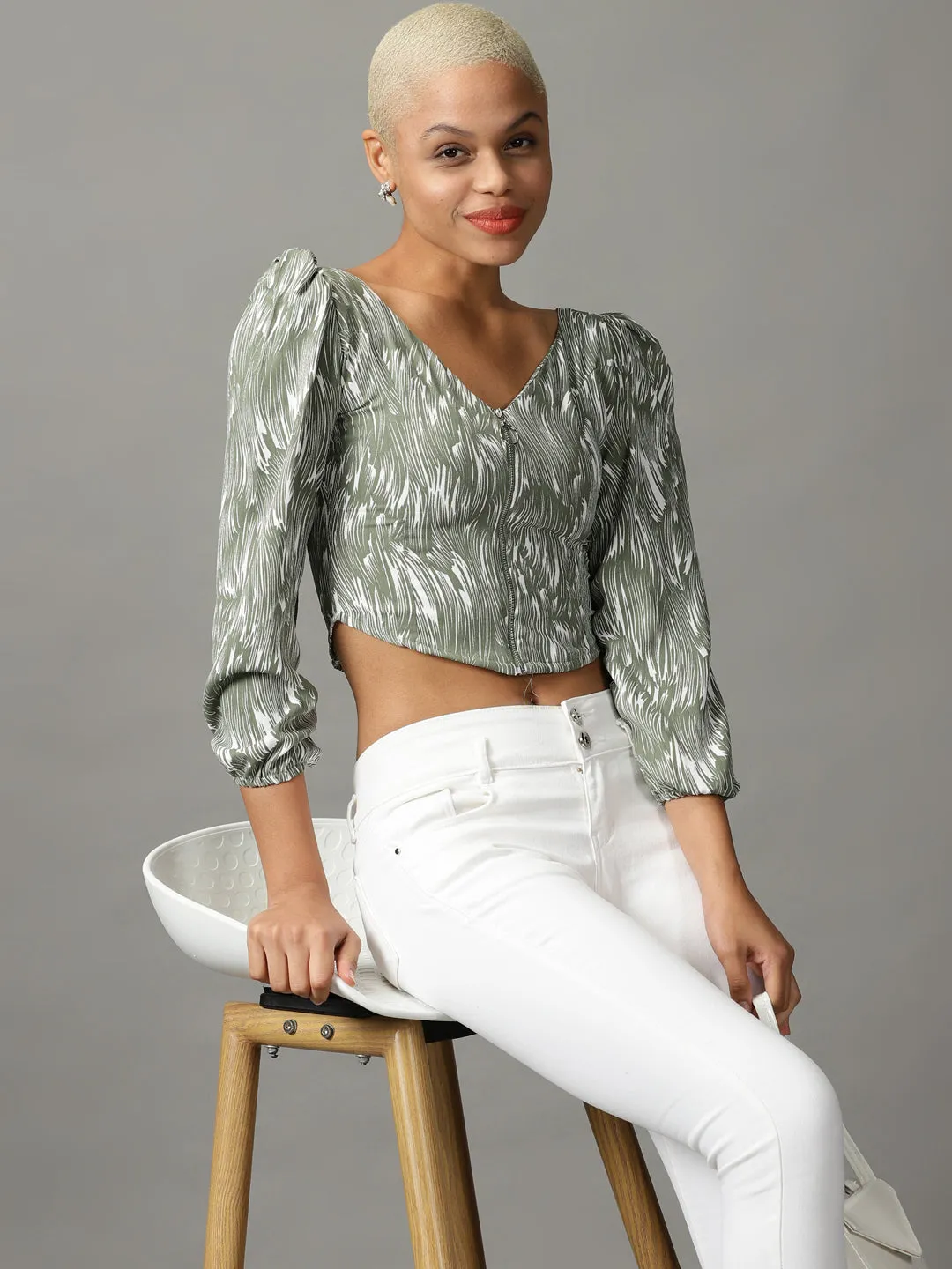 Women's Olive Printed Crop Top