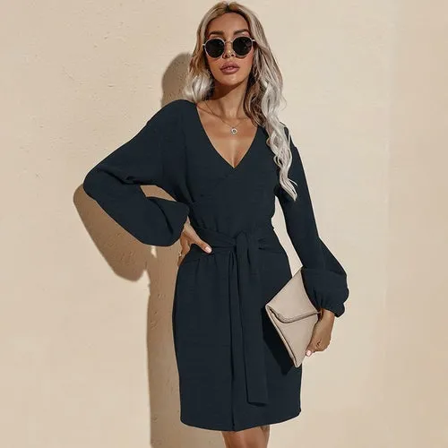 Women's Sweater Dress Sexy V Neck Long Sleeve Mini Dresses