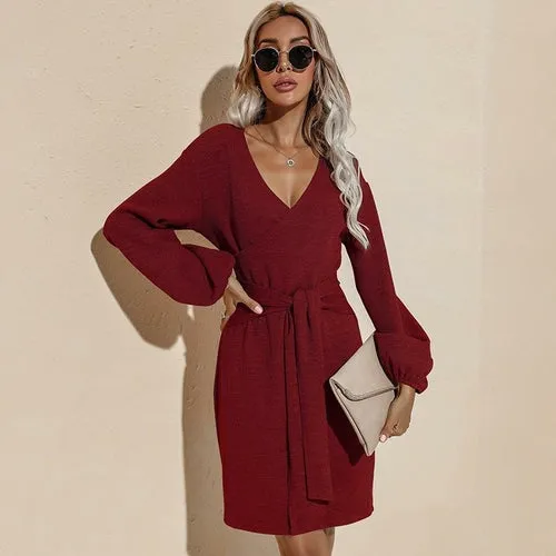 Women's Sweater Dress Sexy V Neck Long Sleeve Mini Dresses