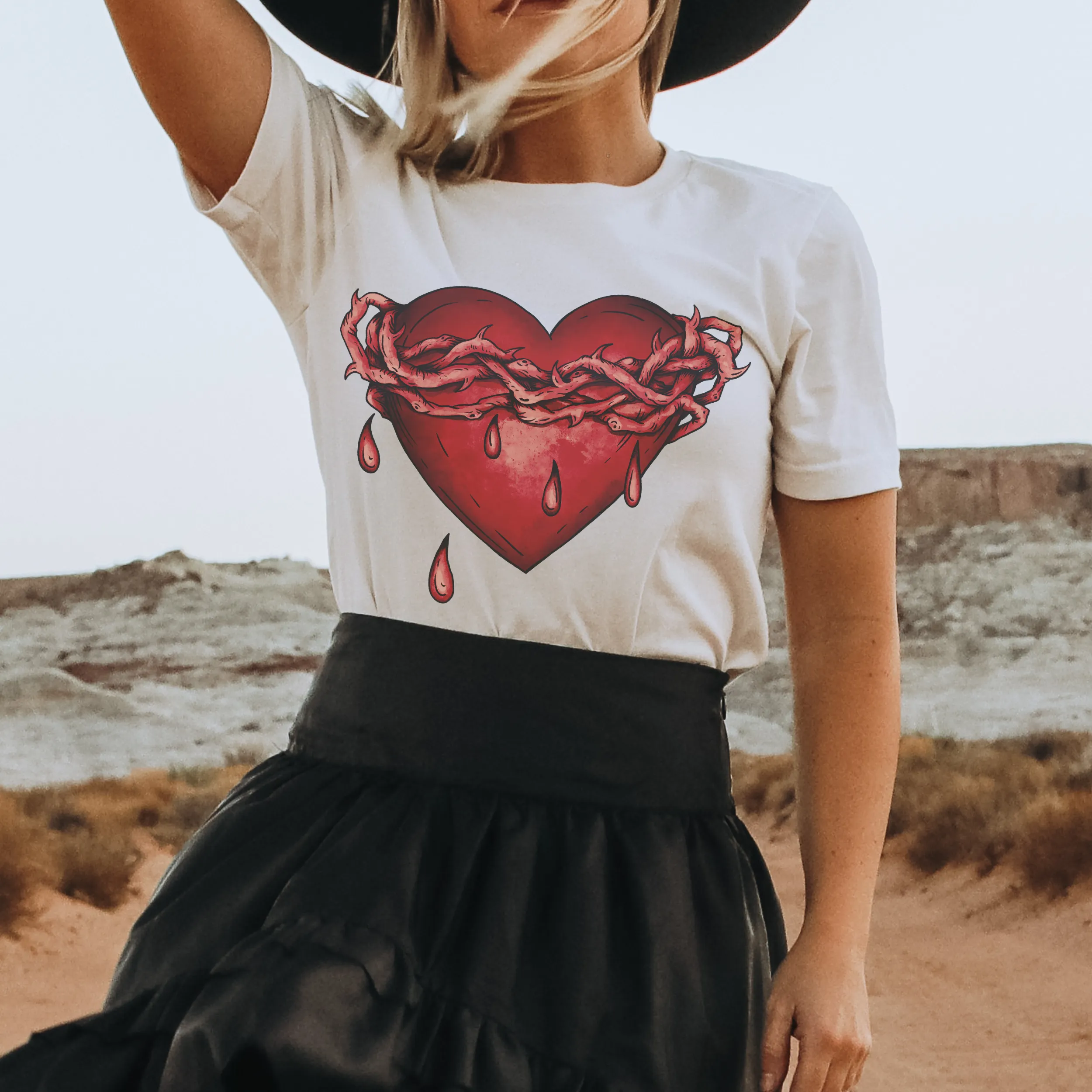 Women's Valentine's Day Gothic Heart and Thorns Black or White T-Shirt Goth Dark Heart Design on a Soft Bella Canvas® T-Shirt