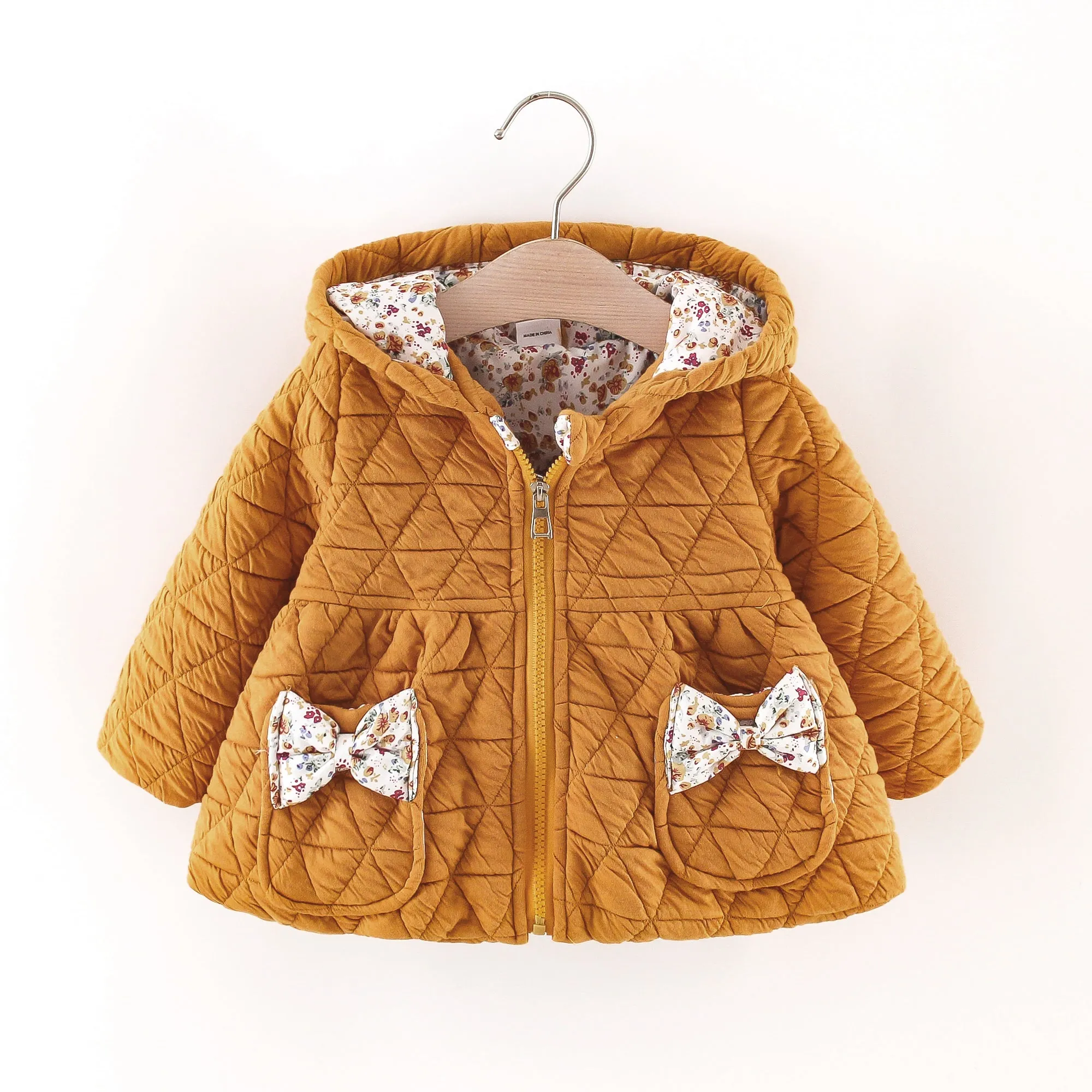 Yellow Diamond Quilted Long-sleeve Baby Full-zip Hoodie Outwear