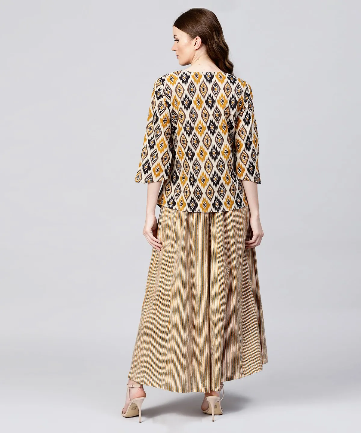 Yellow Printed 3/4Th Sleeve Cotton Assymetric Tops With Striped Flared Skirt