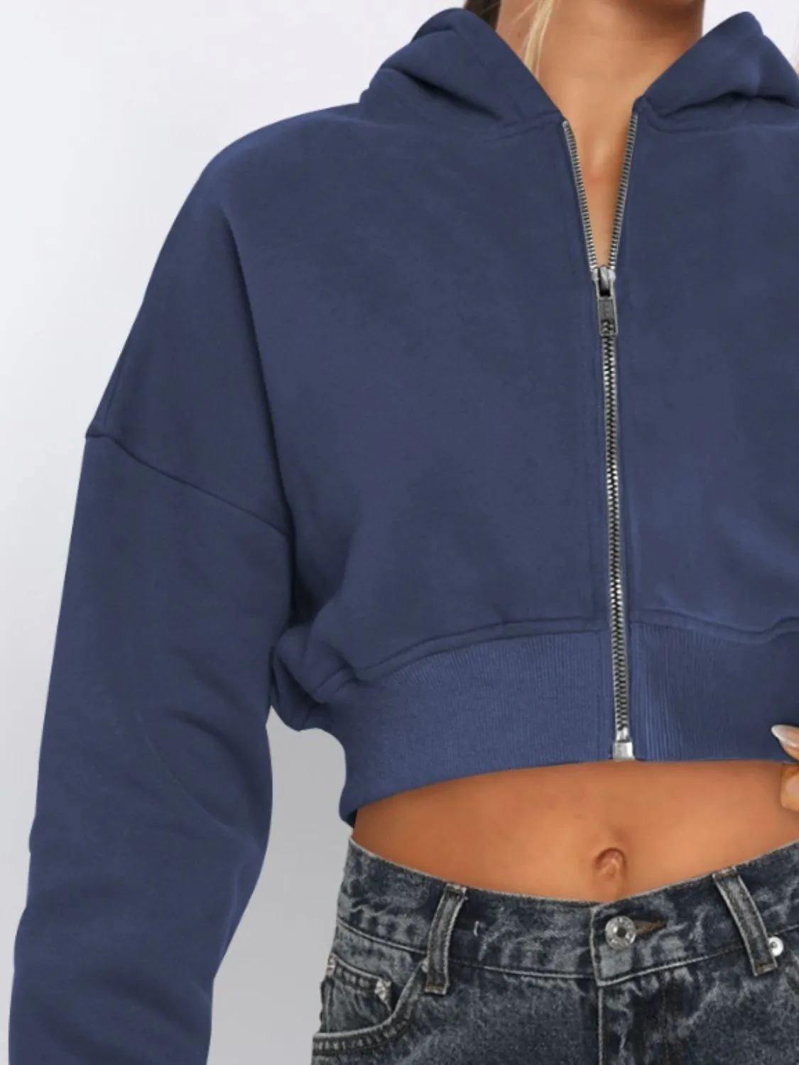 Zip Up Long Sleeve Hooded Cropped Jacket